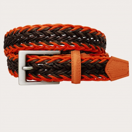 Braided cotton and leather belt, orange and brown