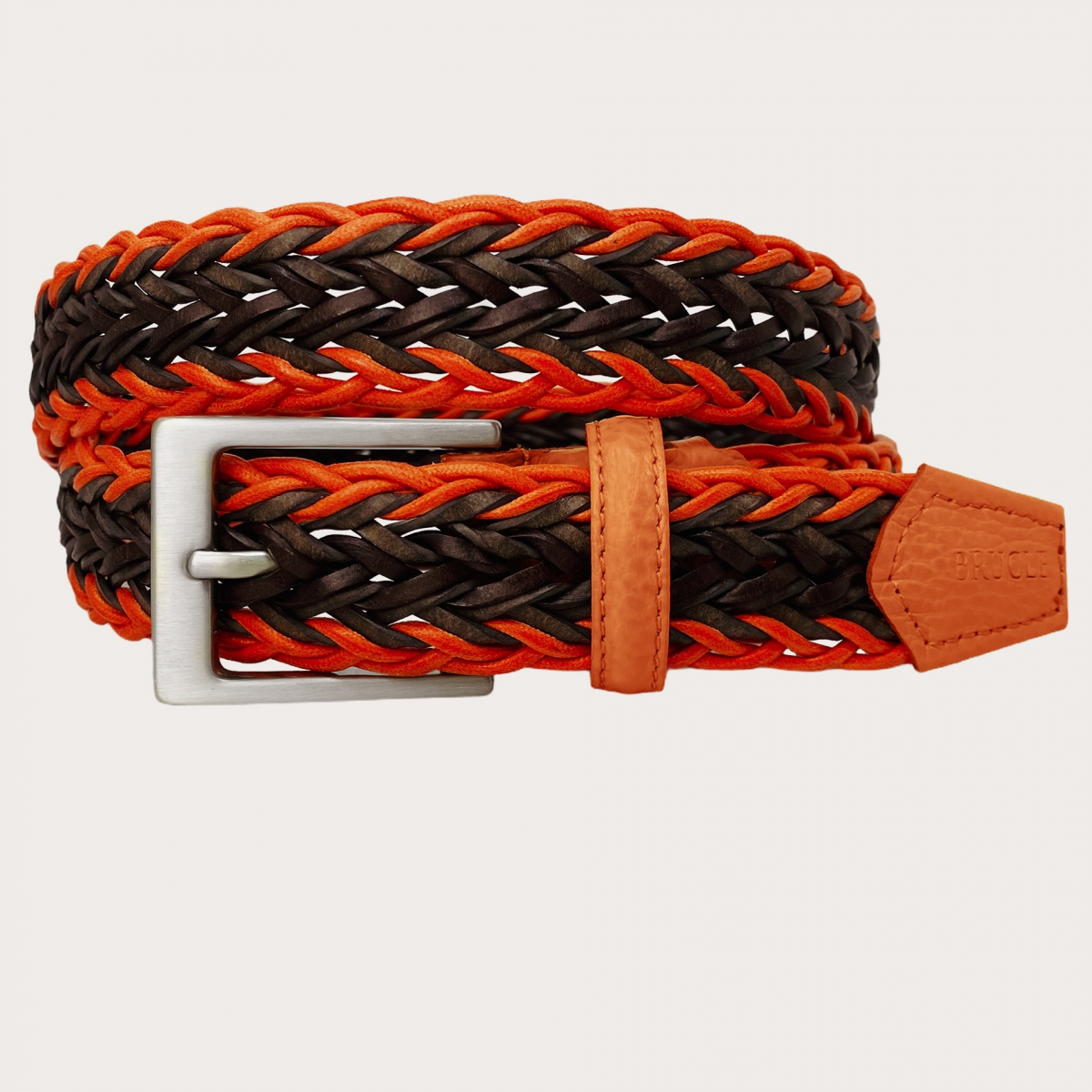 Brucle ceinture tressée coton cuir orange et brun, sans nichel