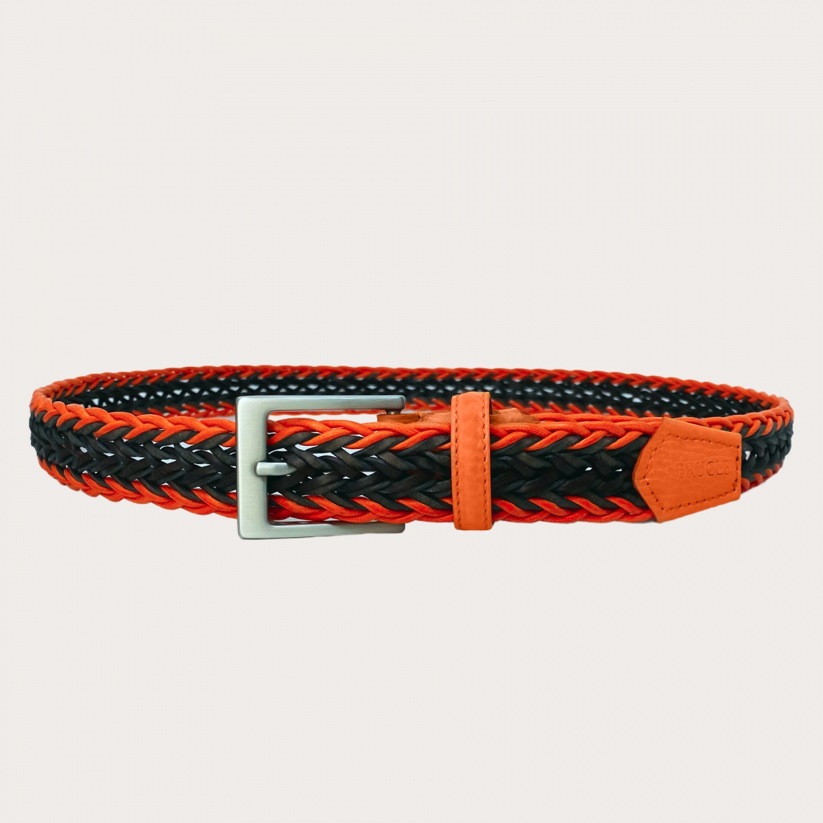 Brucle ceinture tressée coton cuir orange et brun, sans nichel