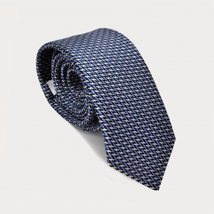 Cravatta blu in seta ricamata motivo geometrico