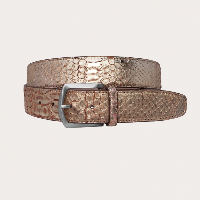 Ceinture haute dorée sans nickel en véritable python, front cut
