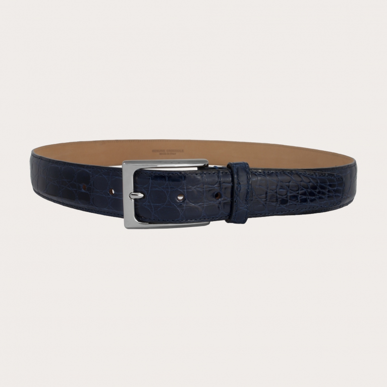 Genuine dark blue crocodile flank leather belt