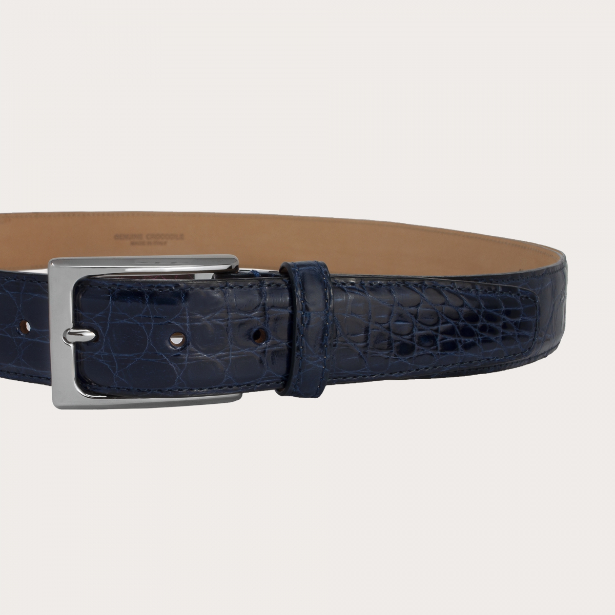 BRUCLE Genuine dark blue crocodile flank leather belt