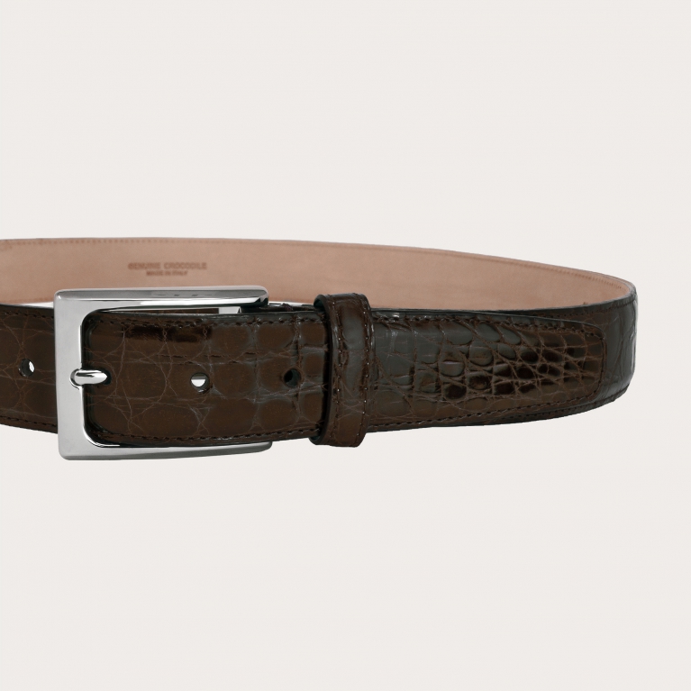 Elegant shiny belt in genuine dark brown crocodile leather