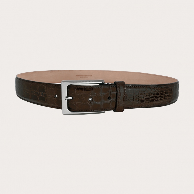 Elégante ceinture brillante en véritable cuir de crocodile marron foncé