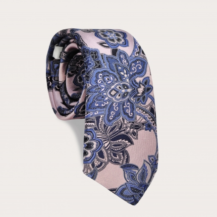 Silk necktie, pink and blue floral cachemire