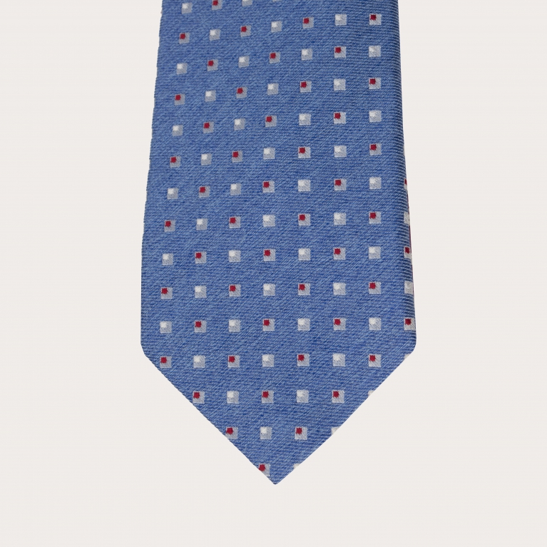 Silk necktie, light blue with geometric pattern