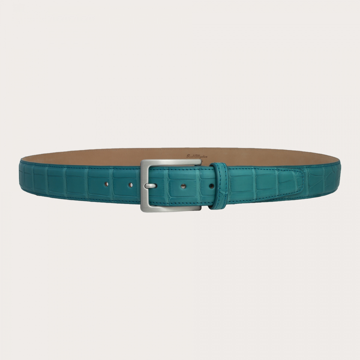 BRUCLE Cinturón de piel de aligátor con hebilla sin níquel, azul claro