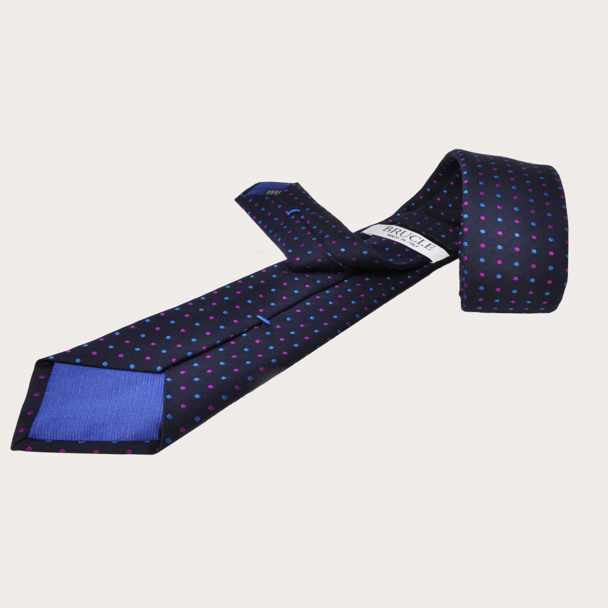 BRUCLE Corbata elegante en seda y algodón con estampado de lunares, azul marino, celeste y fucsia
