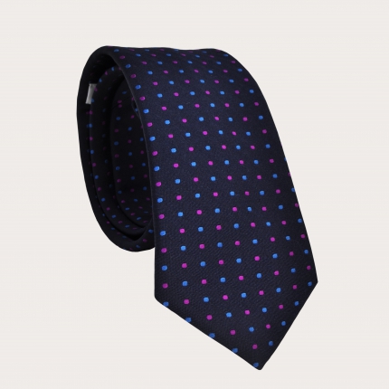 Elegant necktie in silk and cotton with dotted pattern, navy blue, light blue and fuchsia
