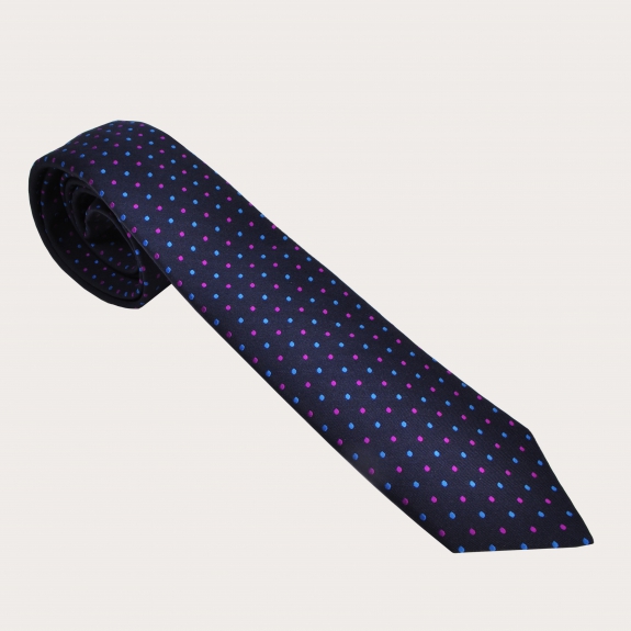 BRUCLE Corbata elegante en seda y algodón con estampado de lunares, azul marino, celeste y fucsia