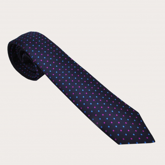 BRUCLE Elegant necktie in silk and cotton with dotted pattern, navy blue, light blue and fuchsia