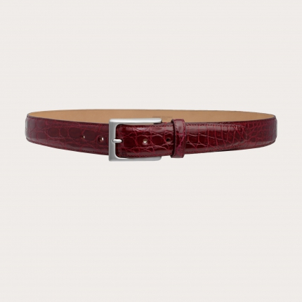 Elegant belt with real burgundy crocodile side