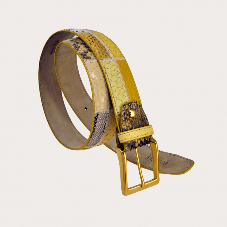 Yellow patchwork python belt with gold buckle