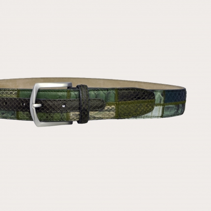 Cinturón de pitón auténtico patchwork sin níquel, verde