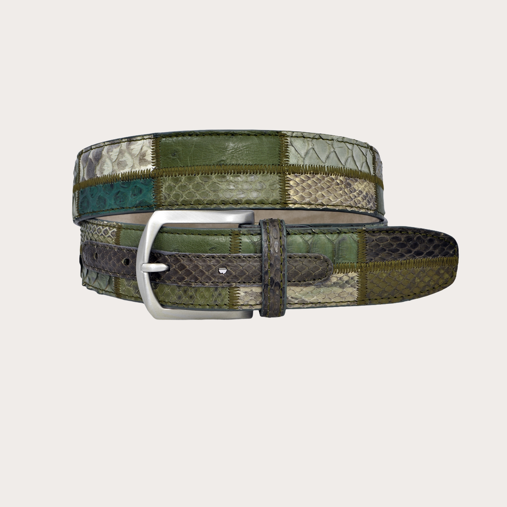Brucle green python leather belt patchwork nickel free made in italy