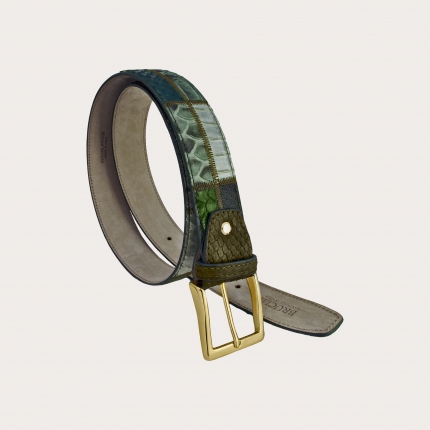 Python patchwork belt with nickel free gold buckle