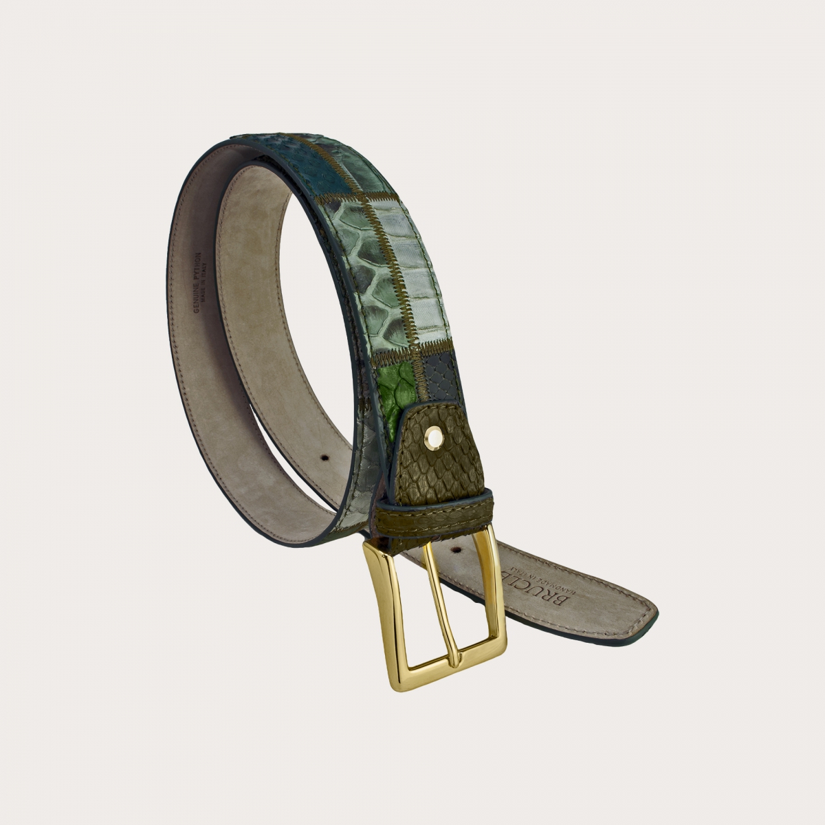 Genuine python leather belt green patchwork with gold buckle