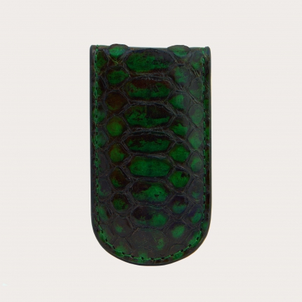 Pince à billets artisanale en véritable cuir de python vert brillant