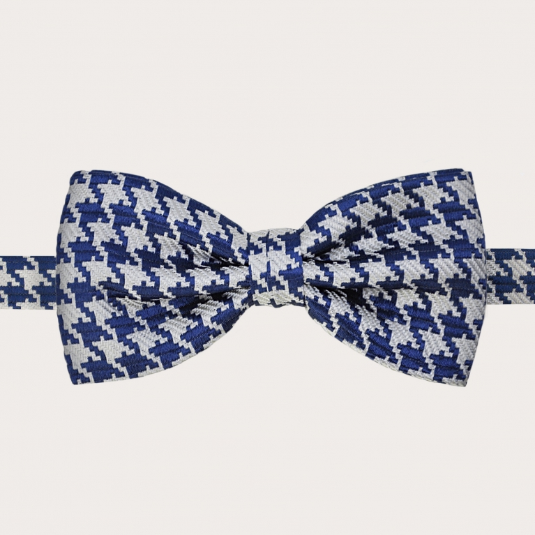 Silk pre-tied bow tie, blue pied de poule