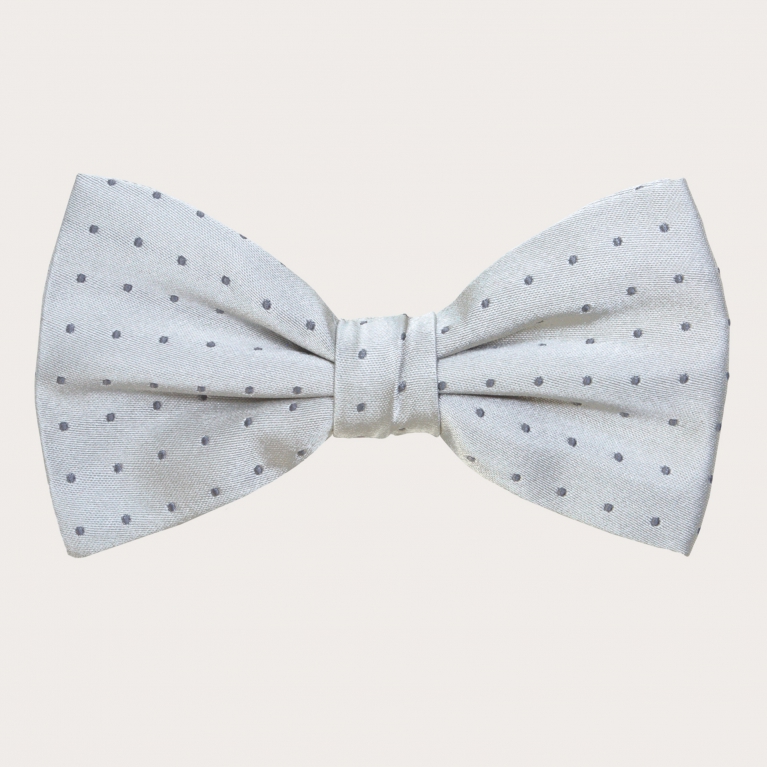 Silver silk bow tie with white dots