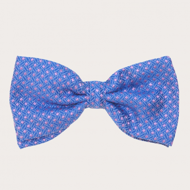 Silk pre-tied bow tie, blue and pink geometric patten