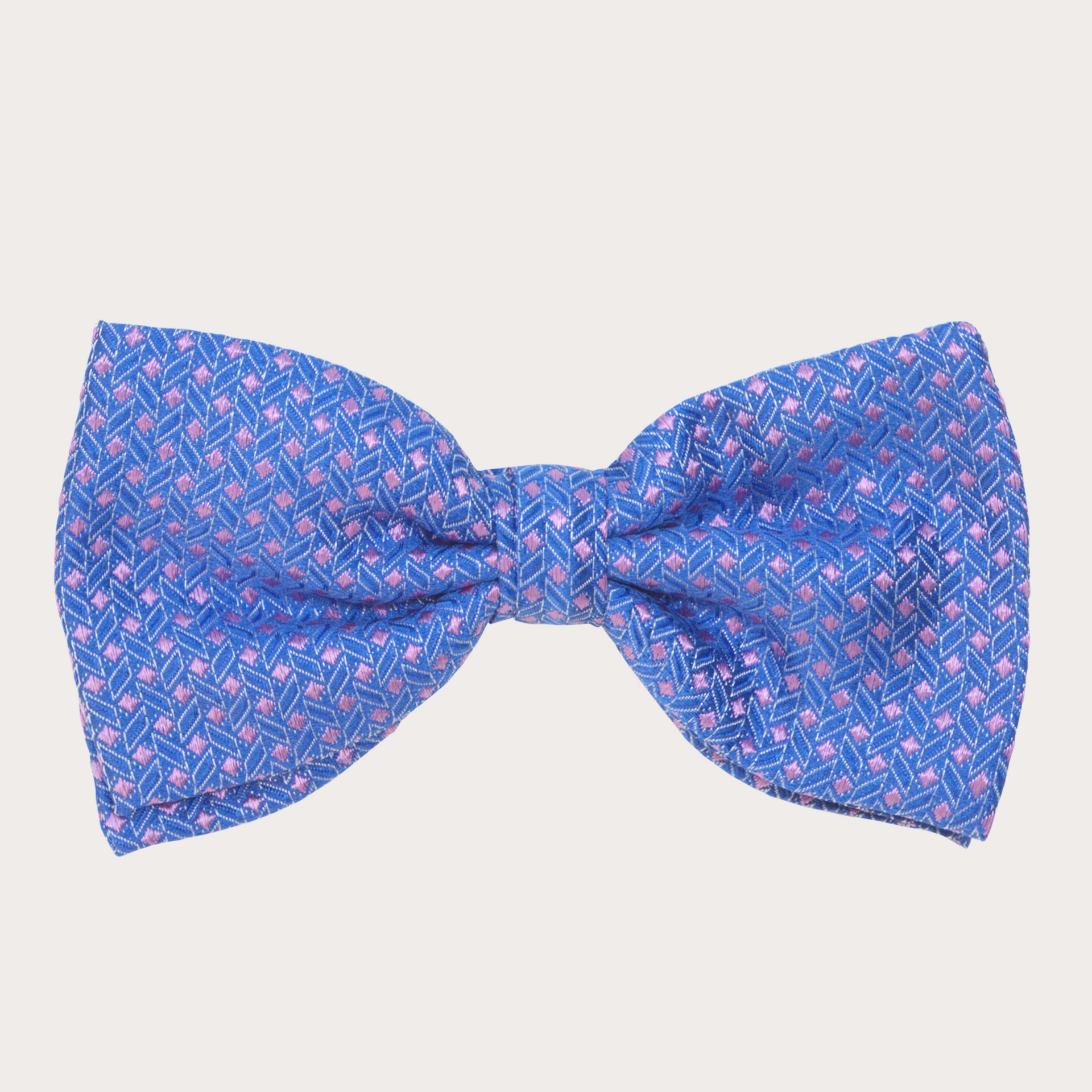 BRUCLE Silk pre-tied bow tie, blue and pink geometric patten