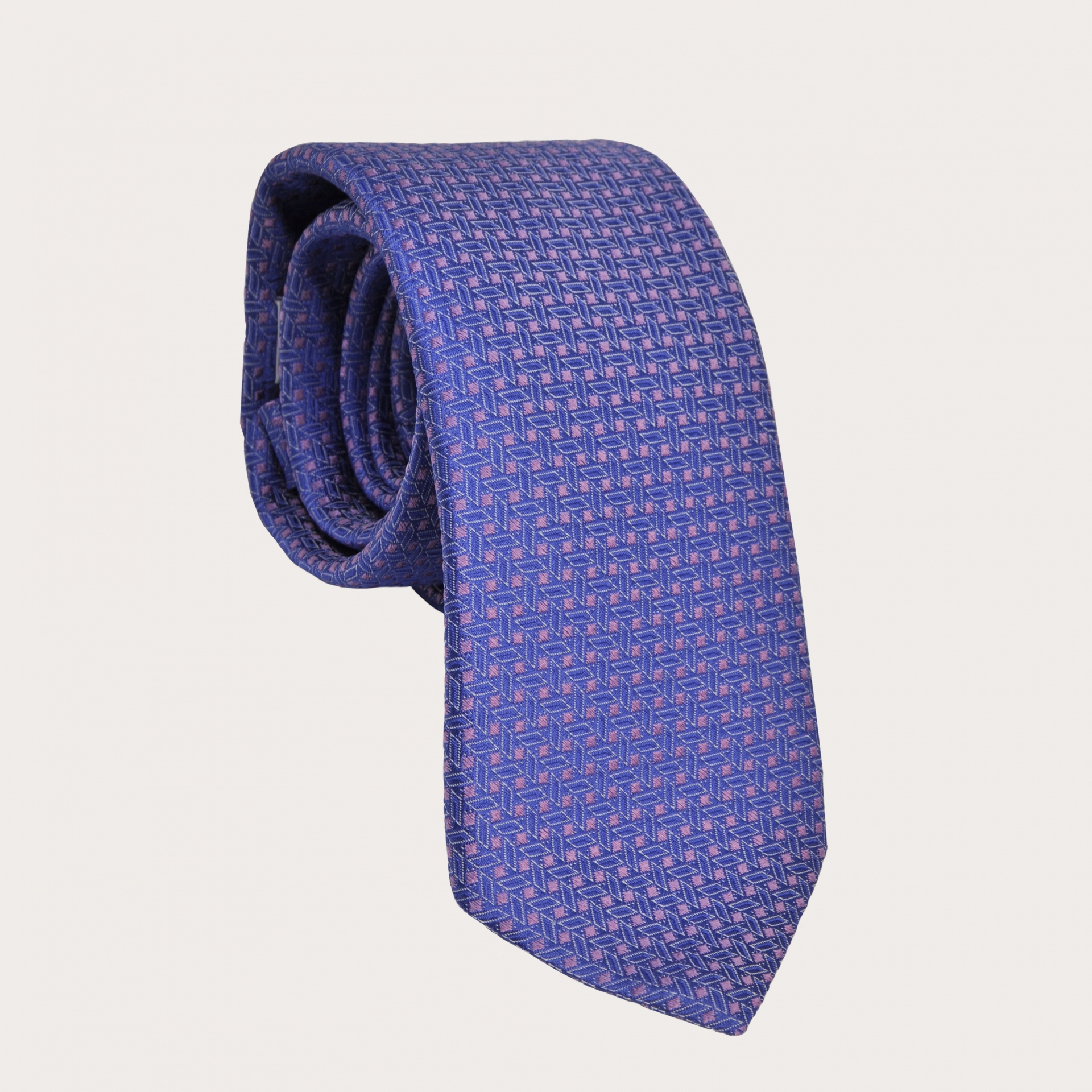 BRUCLE Silk necktie, light blue and pink with geometric pattern