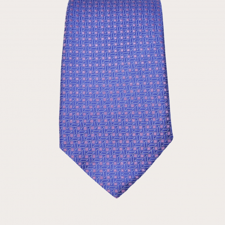 Silk necktie, light blue and pink with geometric pattern