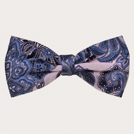Silk pre-tied bow tie, pink and light blue cachemire pattern