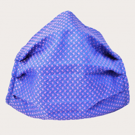 Silk protective facemask, pink and light blue geometric pattern
