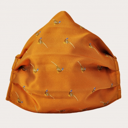 Silk protective facemask, orange with pheasants