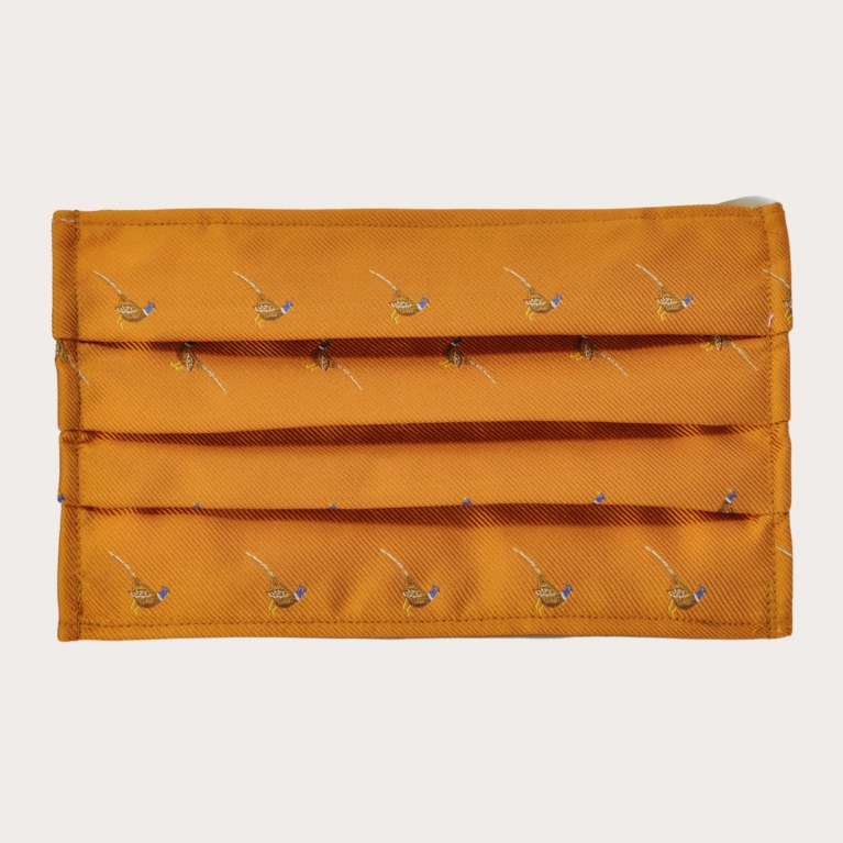 Silk protective facemask, orange with pheasants