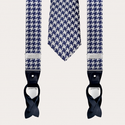 Bretelles et cravate en soie, pied de poule bleu