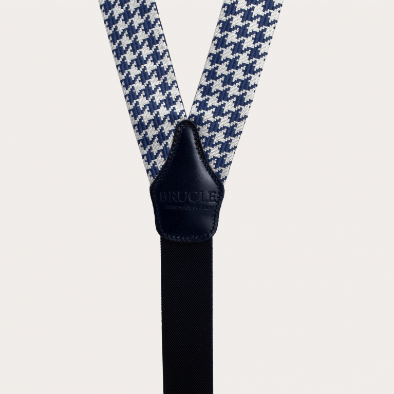Formal Y-shape fabric suspenders in silk, blue pied de poule