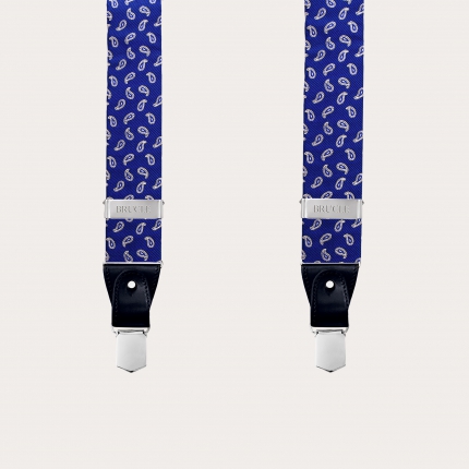 Formal Y-shape fabric suspenders in silk, blue paisley