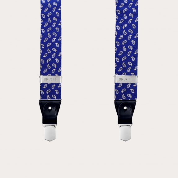 Bretelles larges en soie bleu paisley à clip ou boutonniere