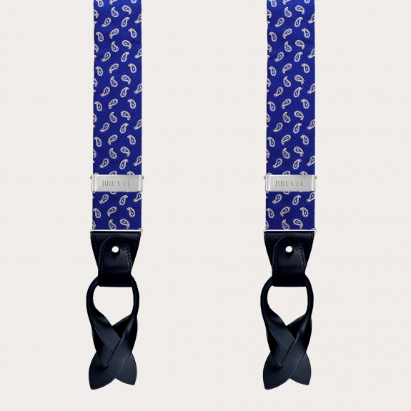 Bretelles larges en soie bleu paisley à clip ou boutonniere