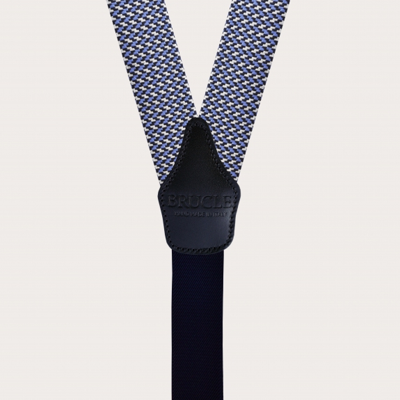 Formal Y-shape fabric suspenders in silk, silver and blue geometric pattern