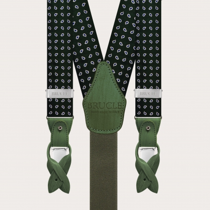 Formal Y-shape fabric suspenders in silk, green paisley
