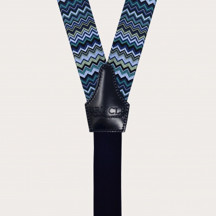 Formal Y-shape suspenders with braid runners, blue with wave pattern