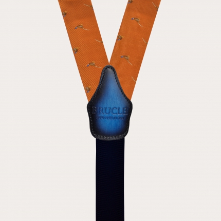 Formal Y-shape fabric suspenders in silk, orange with pheasants