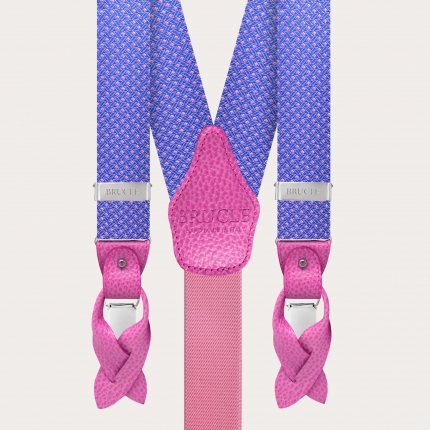 Formal Y-shape fabric suspenders in silk, pink and blue geometric pattern