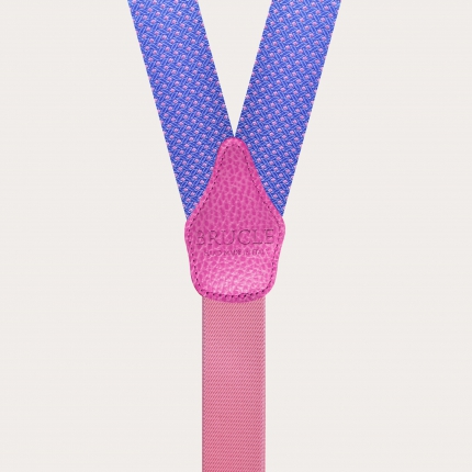 Formal Y-shape fabric suspenders in silk, pink and blue geometric pattern