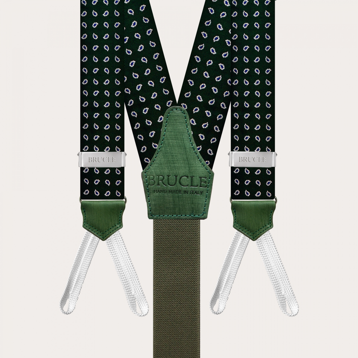 BRUCLE Formal Y-shape suspenders with braid runners, green paisley