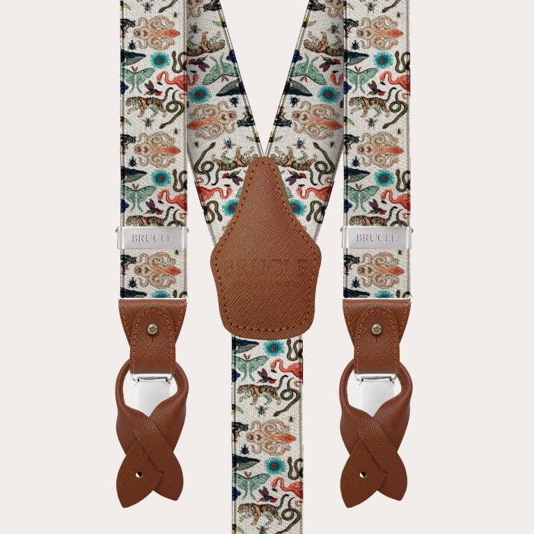 Nickel free double use suspenders, satin with animal pattern