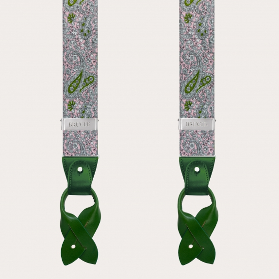 BRUCLE Y-shape elastic suspenders, pink and green cashmere pattern