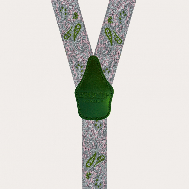 Y-shape elastic suspenders, pink and green cashmere pattern