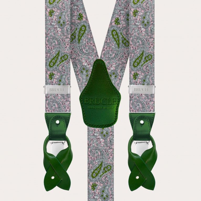Y-shape elastic suspenders, pink and green cashmere pattern