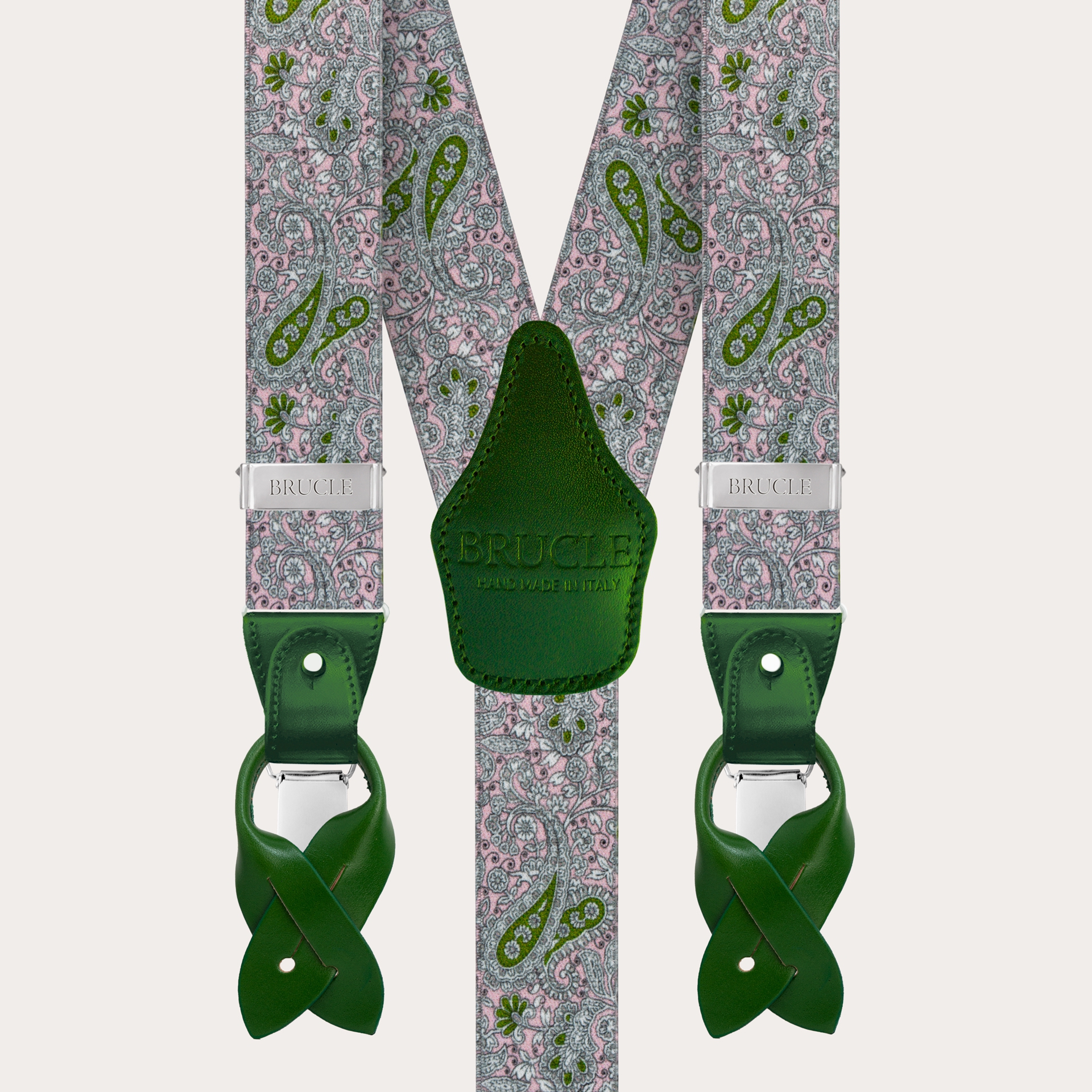 BRUCLE Elastische Hosenträger in Y-Form, rosa und grünes Kaschmirmuster